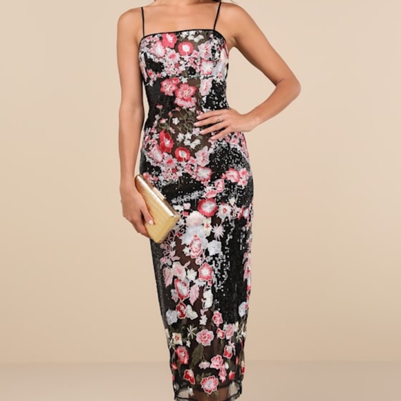 Lulus Stunning Impact Black Sheer Embroidered Floral Sequin Midi Dress - Size S - Picture 1 of 2